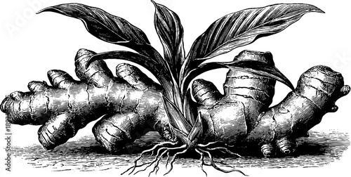 Vintage botanical illustration of ginger rhizome and underground stem