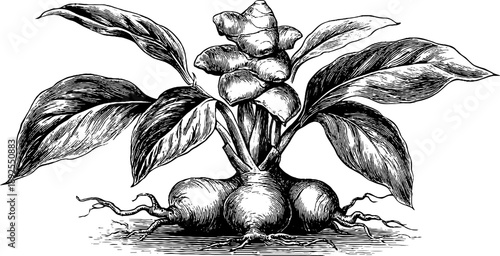 Ginger rhizome botanical engraving design for vintage herbal illustrations