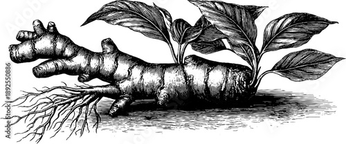 Ginger rhizome and leaves botanical sketch for herbal design