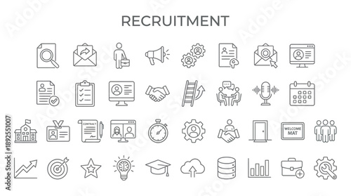 Recruitment icons set in modern minimalist style with gray outline on white background for human resources