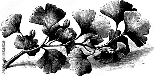 Ginkgo leaf fan shape study botanical art with vintage engraving style for design
