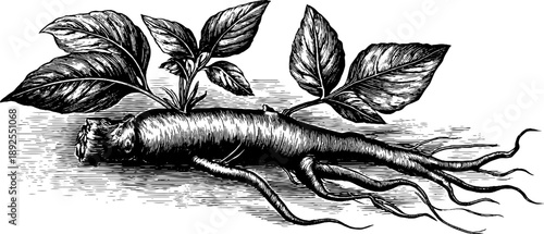 Vintage botanical ginseng root engraving from 19th century for medicinal study and design