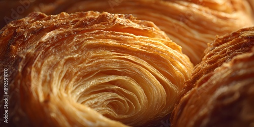 Close-up of a golden-brown, flaky croissant with intricate layers, showcasing a delicious texture and warm lighting detail, 4k quality.