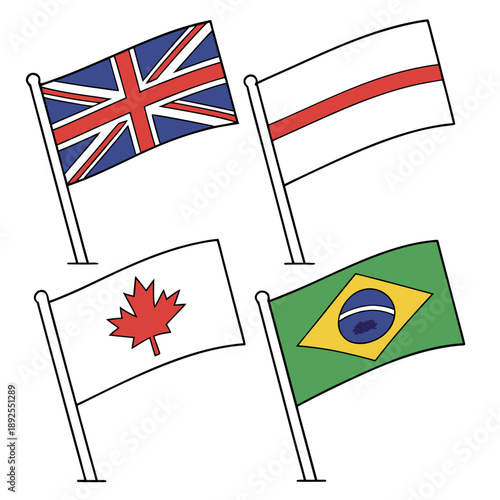 Simple illustration featuring flags from the united kingdom, canada, and brazil