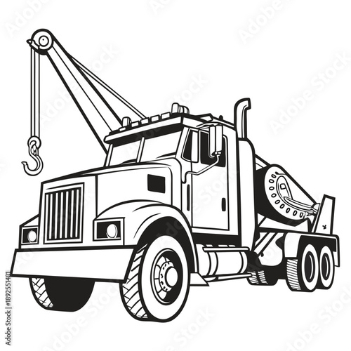 Heavy duty tow truck with a crane and a large hook on the back