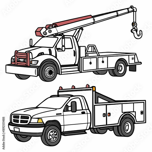 Two tow trucks with extended cranes for heavy-duty vehicle recovery and transportation.