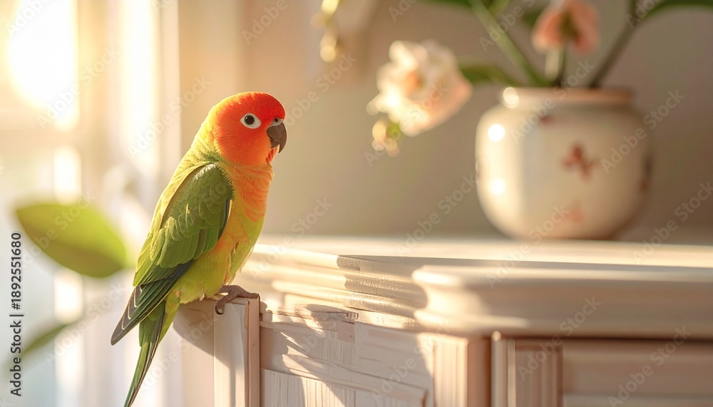Obraz premium Adorable colorful parrot perched indoors in warm golden sunlight