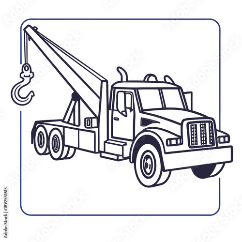 A detailed illustration of a tow truck with a crane and hook attachment