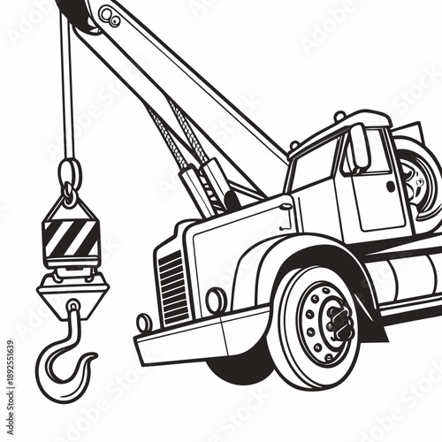 Heavy duty tow truck with a hook and chain attached to its crane