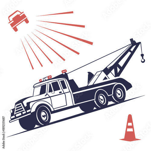 A tow truck with a crane and a warning triangle in the background.
