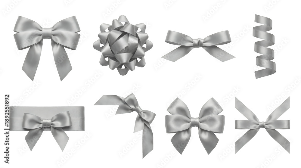 Obraz premium Silver satin ribbon bow set including classic knots, rosettes, corner accents, spiral curls, and package wrapping styles isolated. Holiday decoration and gift design collection.