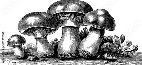 Vintage botanical engraving of hedgehog mushroom with spines for design and decor