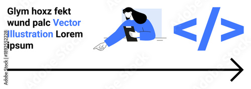 Web development, coding education, software design, digital transformation, teamwork, innovation. Woman holding notebook pointing. Web development and coding education concept