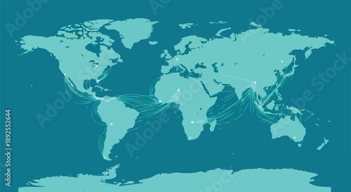 Global network map showing connections and trade routes across continents, symbolizing international business and communication