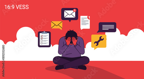 Overwhelmed person sitting cross-legged with head in hands surrounded by communication and work icons