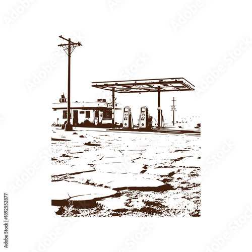 Abandoned gas station with crumbling ground