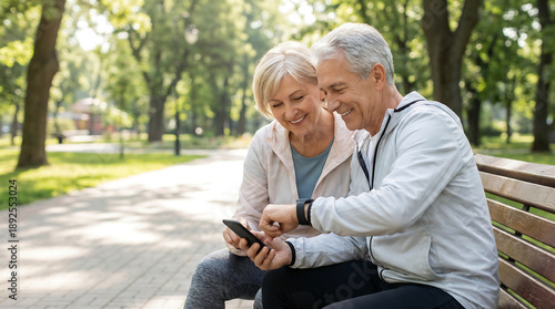 Fit senior couple using smartphone and smartwatch on park bench checking fitness tracking app for healthy active aging technology and wellness lifestyle