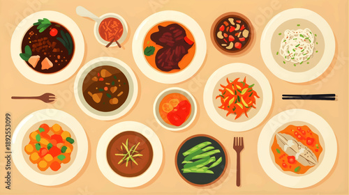 Traditional Food Dishes Flat Illustration Top View, Editorial Menu Style Composition