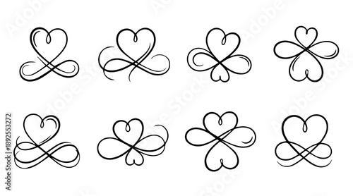 Set of eight hand drawn heart swirl ornaments and flourishes doodle style love symbols for valentines day or wedding design