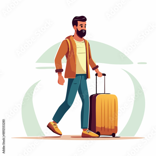 Man with yellow suitcase walking and traveling, casual clothes, beard, stylish illustration for travel and lifestyle themes