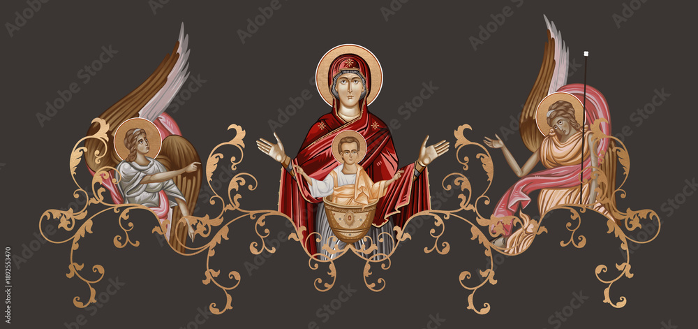 Fototapeta premium Inexhaustible Cup. Blessed Virgin Mary and Jesus Christ. Decorative vintage border with angels, illustration in Byzantine style