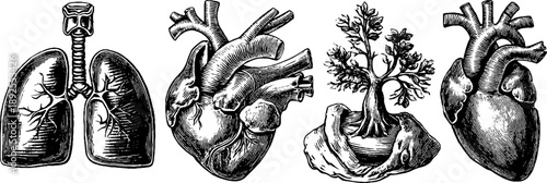 Vintage anatomical plate featuring human heart and lungs with botanical elements for medical study
