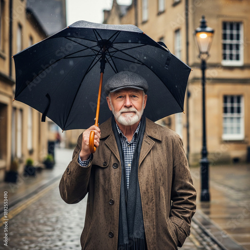 Old man wearing flat cap, British vintage style, light rain