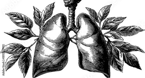 Human anatomical lungs with botanical elements engraving for educational design