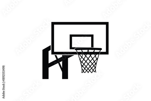 Basketball hoop with net and backboard on pole, black and white silhouette for sports designs