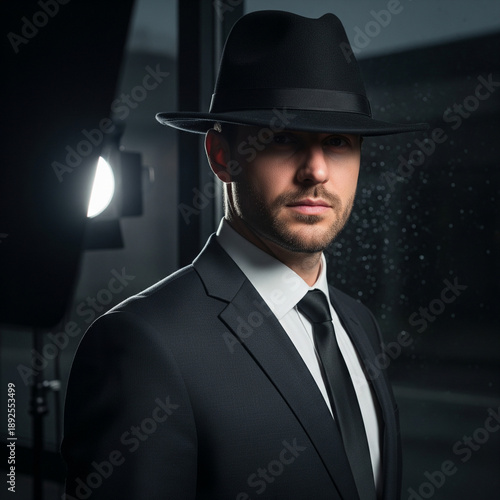 Man wearing black fedora, classic European style, elegant suit, cinematic lighting