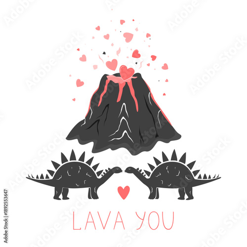 Cute kissing dinosaurs and volcano, erupting with red hearts. I lava you text. Hand drawn Valentine Day card design. Vector illustration.