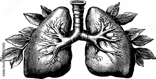 Detailed 19th century anatomical engraving of human chest and lungs
