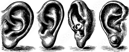 Vintage 19th century human ear anatomy study engraving for educational and botanical design
