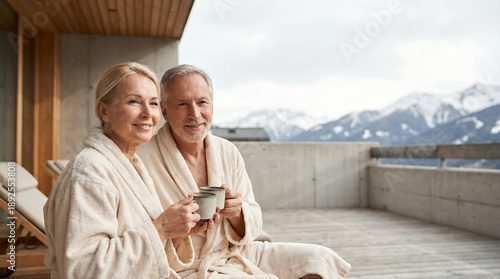 Mature couple in bathrobes enjoying hot drinks on balcony with snowy mountain views luxury wellness retreat winter vacation relaxation and comfort lifestyle