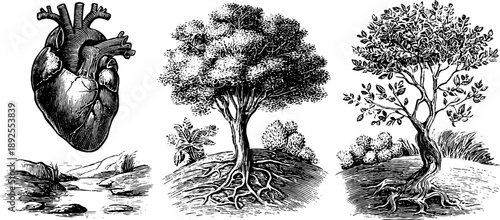 Human endocrine system and botanical elements vintage engraving for educational design