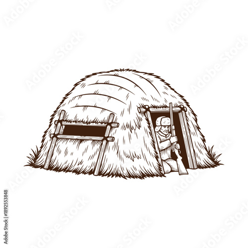 Man emerging from a primitive hut with thatch roof