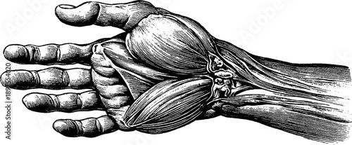 Detailed vintage engraving of human hand muscle anatomy - 19th century botanical study