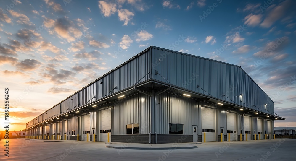 Fototapeta premium Modern industrial warehouse under clear sky during sunset