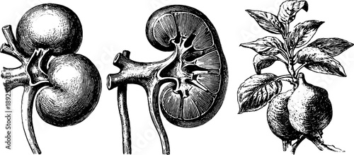 Vintage botanical engraving of human kidney anatomy with plant illustration for educational purposes