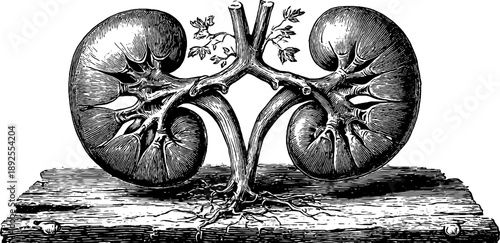 Vintage botanical illustration of human kidney anatomy for educational purposes