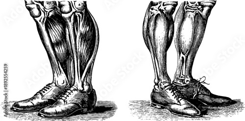 Vintage botanical engraving of 19th century human leg muscle anatomy for educational design
