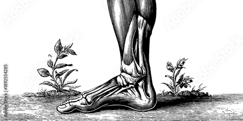 Vintage 19th century botanical engraving of human leg muscle anatomy for educational design