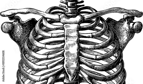 Vintage human rib cage anatomy illustration for educational and botanical design