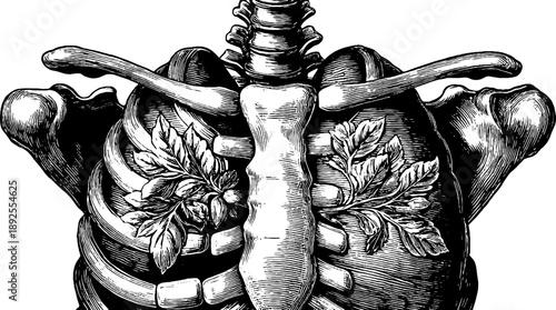 Vintage human rib cage anatomy with botanical elements for educational design