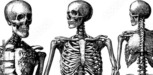 Detailed vintage botanical human skeleton anatomy engraving for educational design