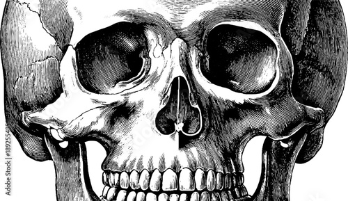 Detailed vintage botanical engraving of human skull frontal view for anatomy and design