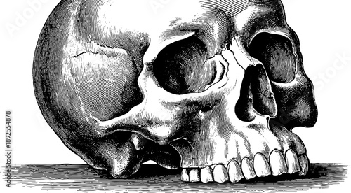 Human skull frontal view in vintage botanical engraving for anatomy and design