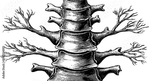 Human spinal cord anatomy engraving from 19th-century botanical study for educational use