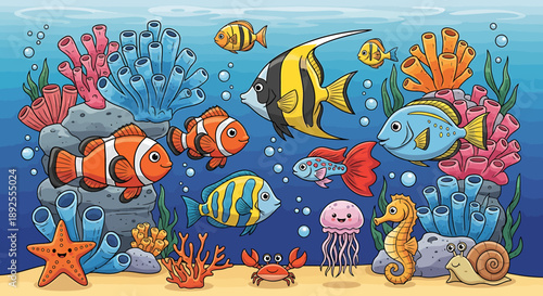Underwater scene with vibrant coral reefs and various colorful sea creatures like fish, starfish, and seahorses in a playful cartoon style
