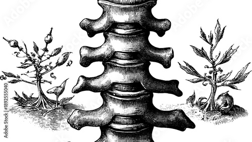 Vintage botanical engraving of human spine and plants from 19th century